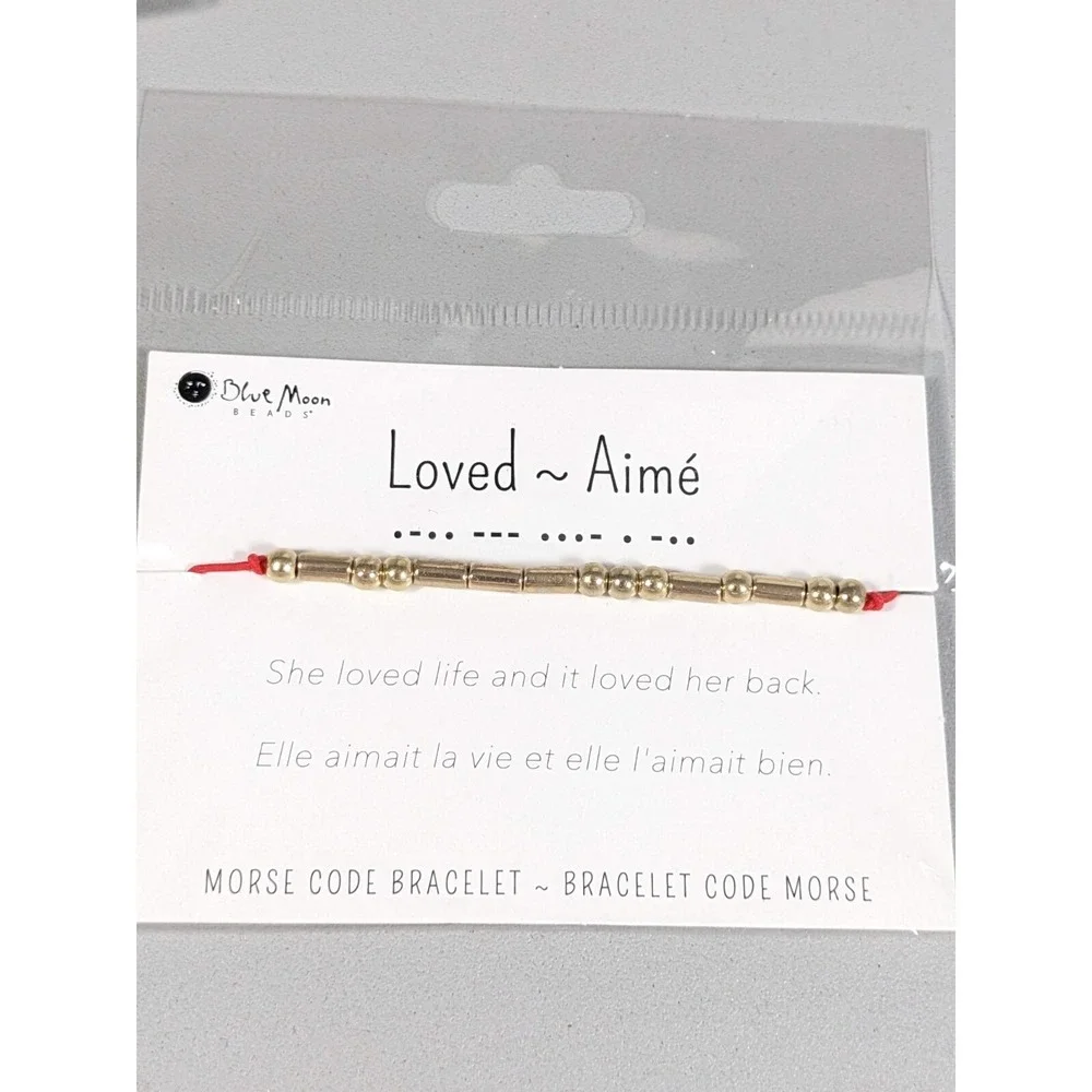 Loved Morse Code Bracelet Gold Tone Red Cord‎ Adjustable Minimalist Gift